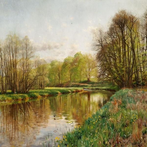 Springtime Along The Stream Oil Painting by Peder Mork Monsted