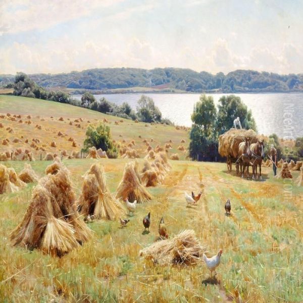 Harvest Scene On A Sunny Day. Oil Painting by Peder Mork Monsted