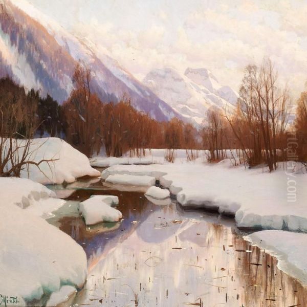 Winter Evening In Engadin Oil Painting by Peder Mork Monsted