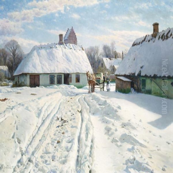 Winter Day In The Village Oil Painting by Peder Mork Monsted