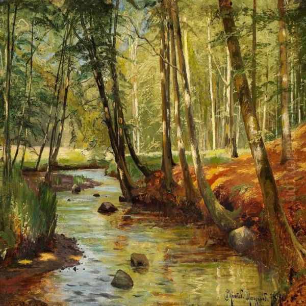 Stream In Moesgaard Forest Oil Painting by Peder Mork Monsted