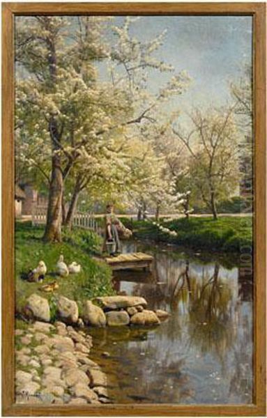 Woman With Laundry Beside
A River In Spring Landscape Oil Painting by Peder Mork Monsted