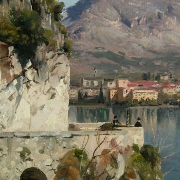 Coastal Scenery At Riva Del Garda, Spring Oil Painting by Peder Mork Monsted