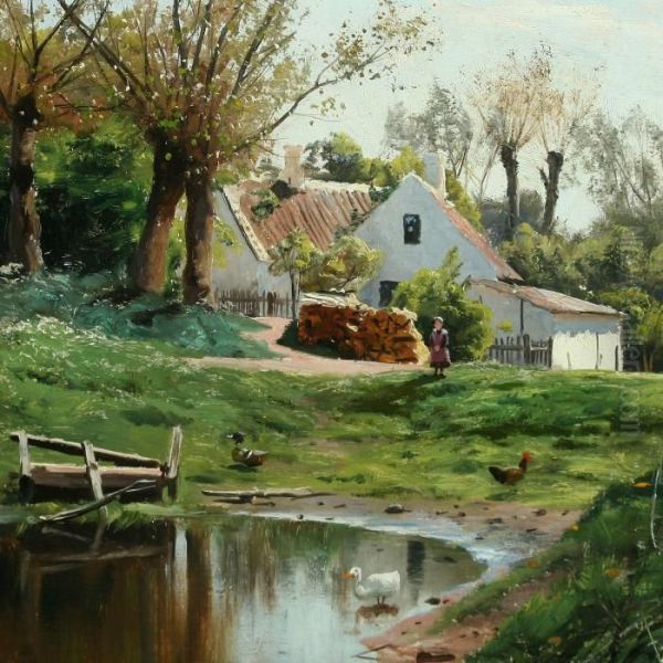 A Small Girl, A Rooster And Ducks At The Village Pond Oil Painting by Peder Mork Monsted