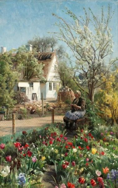 Kvinna I Blomstrande Tradgard Oil Painting by Peder Mork Monsted