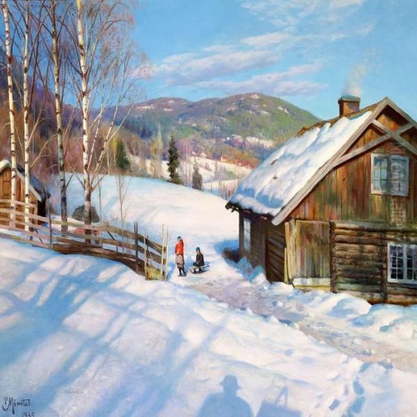 Winter Day Near Odnes, Norway, With Children Playing In The Snow Oil Painting by Peder Mork Monsted