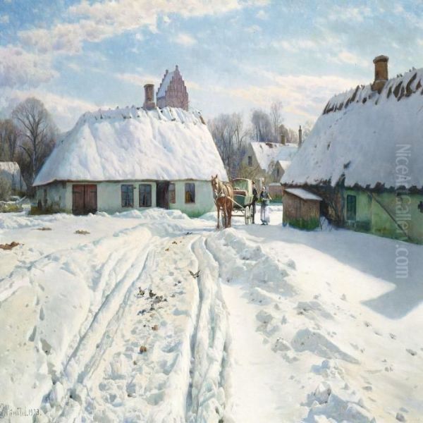 Winter Day In The Village, In The Background The Church Oil Painting by Peder Mork Monsted