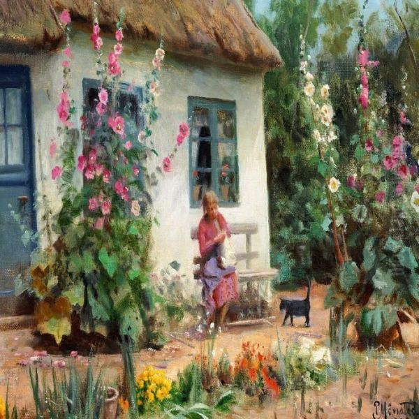 Hollyhocks In Bloom In Front Of A Cottage, A Little Girl Is Enjoying The Nice Weather Oil Painting by Peder Mork Monsted