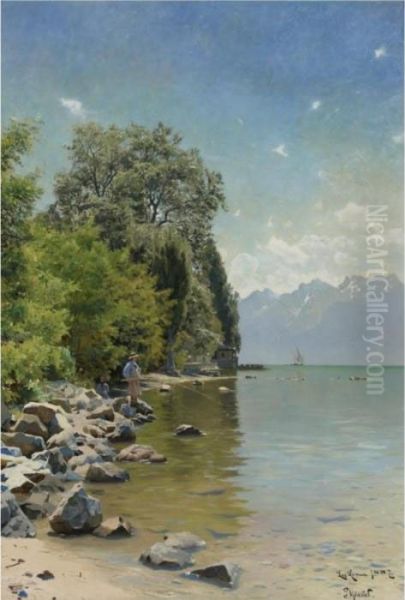 Lake Leman, Switzerland Oil Painting by Peder Mork Monsted