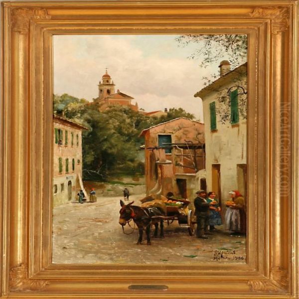 An Italian Street Scenery From Mortola Oil Painting by Peder Mork Monsted