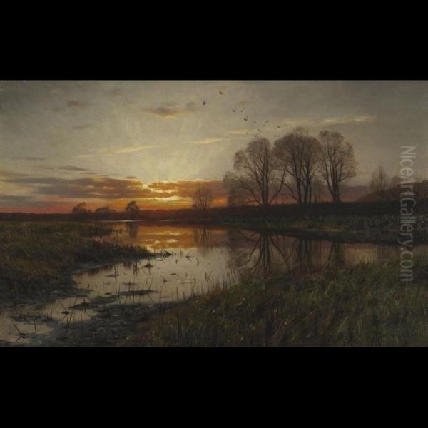 Sunset Over A Marsh Oil Painting by Peder Mork Monsted