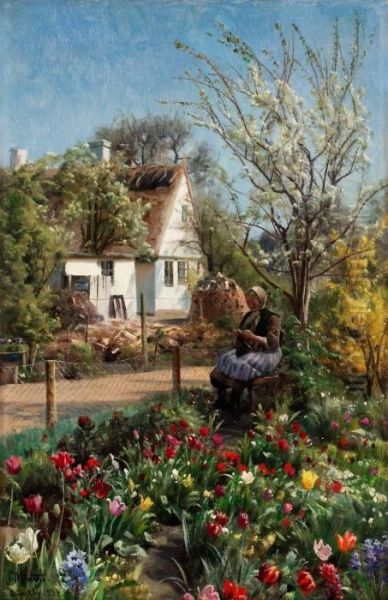 Kvinna I Blomstrande Tradgard Oil Painting by Peder Mork Monsted