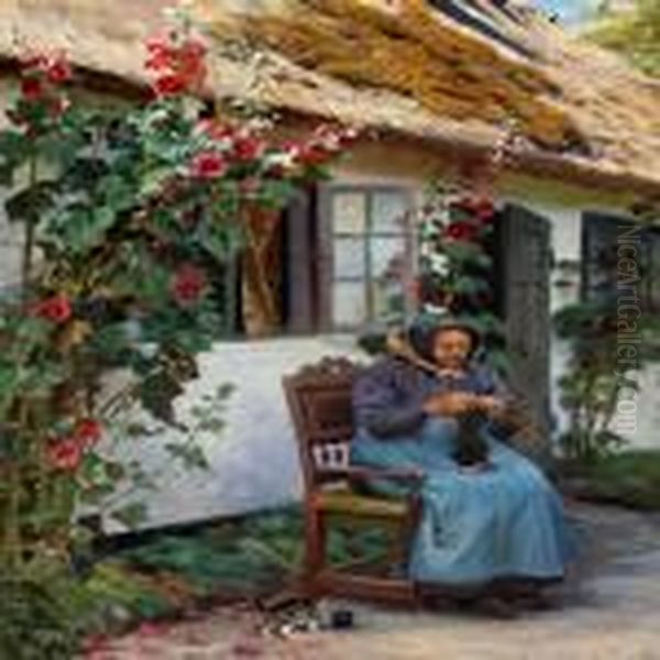 Granny Knitting Asock Oil Painting by Peder Mork Monsted