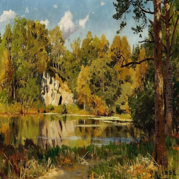 Woodland Scene With Lakeand Cliffs Oil Painting by Peder Mork Monsted