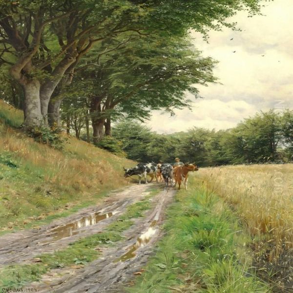 Farmer With His Cattlein The Forest Oil Painting by Peder Mork Monsted