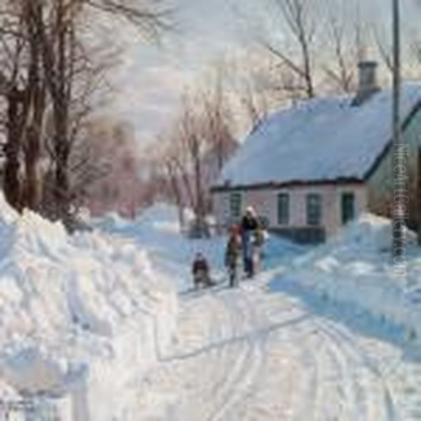 A Winter Day With Twochildren And An Old Woman With A Sledge Oil Painting by Peder Mork Monsted