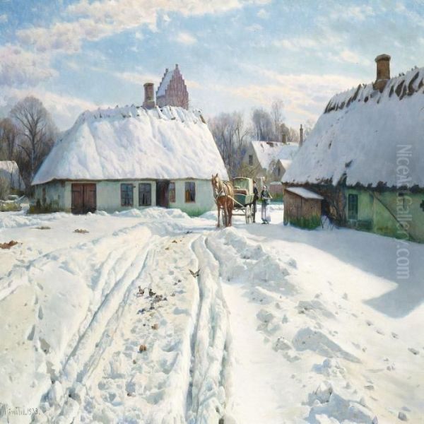 Winter Day In Thevillage, In The Background The Church Oil Painting by Peder Mork Monsted