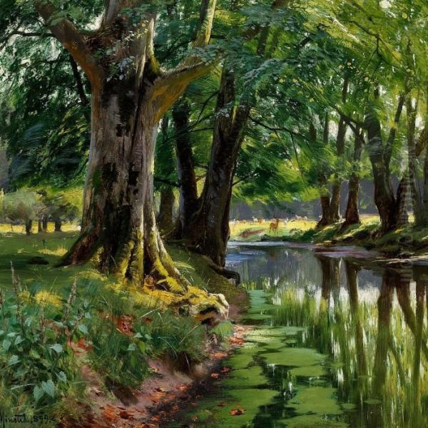 Det Stille Vand Idyrehaven Oil Painting by Peder Mork Monsted