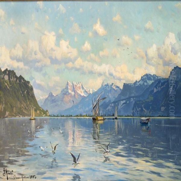 Lac Leman Near Clarensmontreux Oil Painting by Peder Mork Monsted