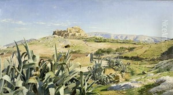 View Of The Acropolis From The Observatory,athens Oil Painting by Peder Mork Monsted