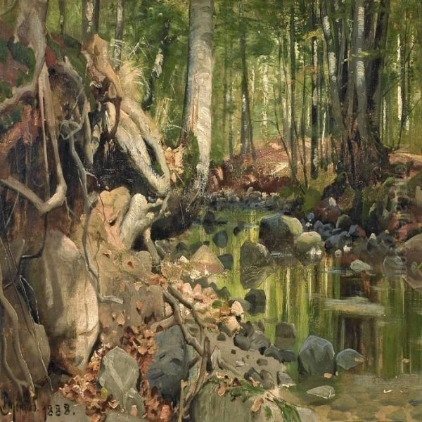 Forest Scenery Withstream Oil Painting by Peder Mork Monsted