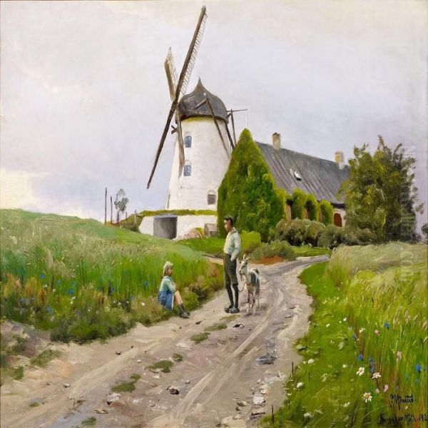 Landscape With A Boy Anda Girl By The Mill Oil Painting by Peder Mork Monsted