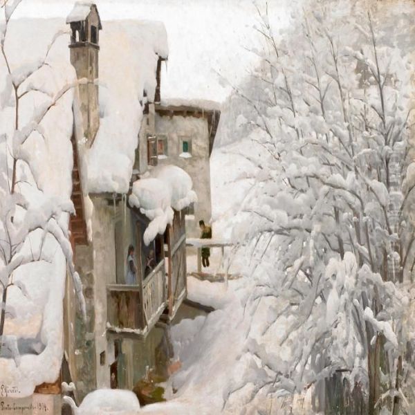 Village Covered In Snow,switzerland Oil Painting by Peder Mork Monsted