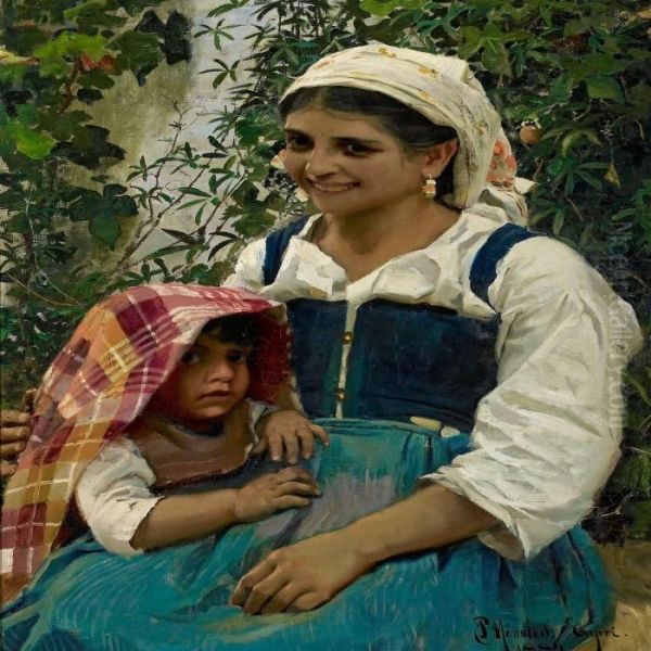 A Smiling Young Italiangirl Oil Painting by Peder Mork Monsted