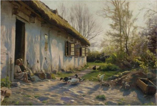 Children Feeding Ducks At Sunrise Oil Painting by Peder Mork Monsted