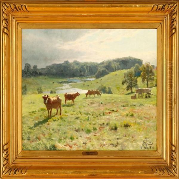 Grazing Cattle At Gl Oil Painting by Peder Mork Monsted