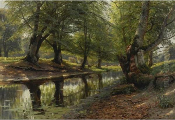 A Stream Through The Glen, Deer In The Distance Oil Painting by Peder Mork Monsted