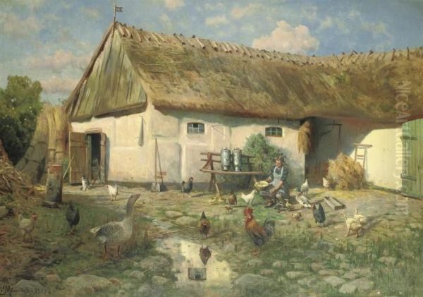 Feeding The Poultry Oil Painting by Peder Mork Monsted