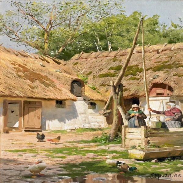 A Sunny Farm Exterior With Two Women By A Well Oil Painting by Peder Mork Monsted