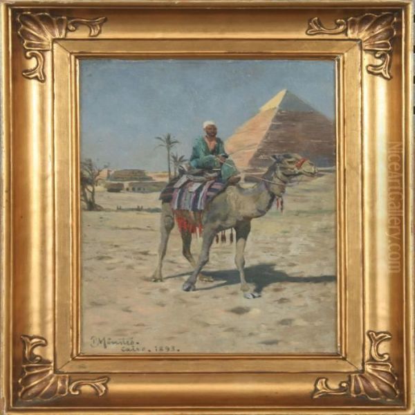 Bedouin Riding On A Camel Near A Pyramid Oil Painting by Peder Mork Monsted