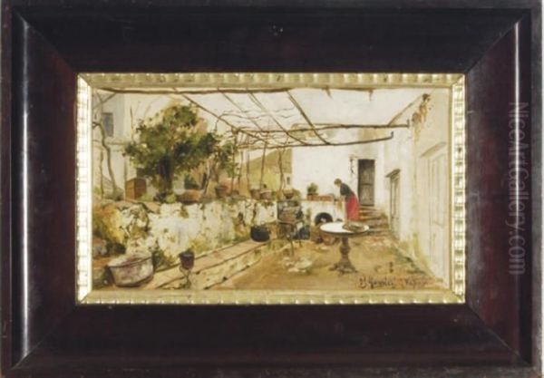 Tending To The Plants On The Balcony Oil Painting by Peder Mork Monsted