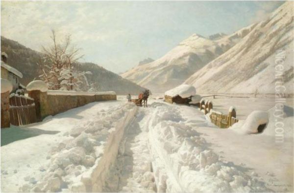 Vinterdag Ved Ponte-campovasto, Schweiz (winter Inponte-campovasto, Switzerland) Oil Painting by Peder Mork Monsted