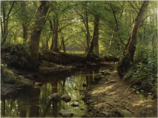 Skovbillede (stream Through The Woods) Oil Painting by Peder Mork Monsted