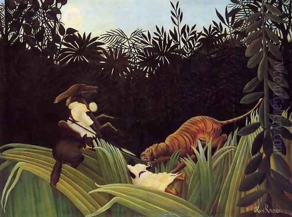 Scout Attacked By A Tiger Oil Painting by Henri Julien Rousseau