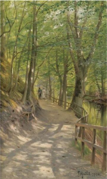 Spadseretur I Skoven (walking In The Forest) Oil Painting by Peder Mork Monsted