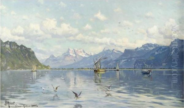 Genevesoen (lake Geneva) Oil Painting by Peder Mork Monsted