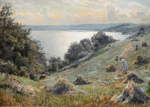 Sommarlandskap Med Kvinnor Raffsande Ho Samt Boskap - Kustvy Oil Painting by Peder Mork Monsted