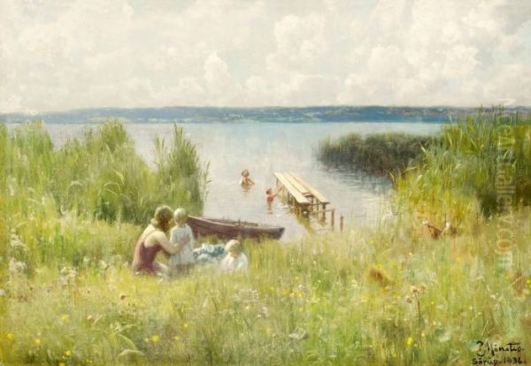 Sommardag Vid Badplatsen Oil Painting by Peder Mork Monsted