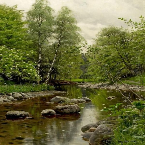 Twisting Rivers Thrue A Forrest At Spring Oil Painting by Peder Mork Monsted