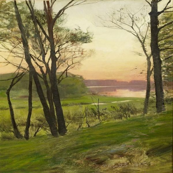 Sundown At Frederiksdal Oil Painting by Peder Mork Monsted