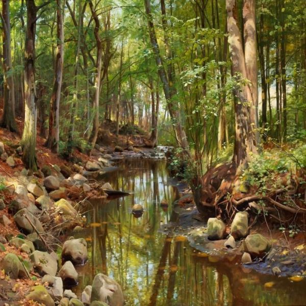 Woodland Scene With A Stream Oil Painting by Peder Mork Monsted