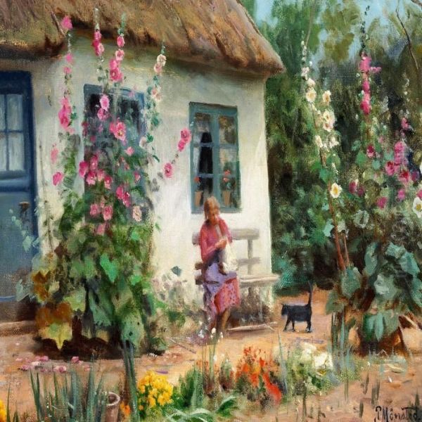 Little Girl In The Garden Oil Painting by Peder Mork Monsted