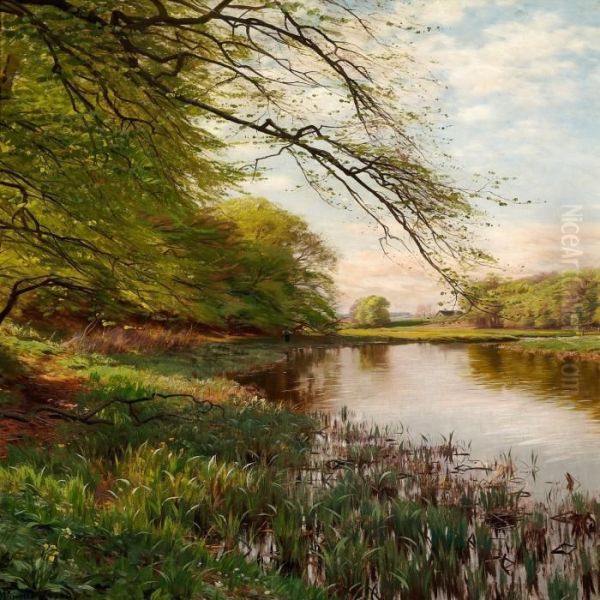 Woodland Scene With An Angler At A Stream Oil Painting by Peder Mork Monsted