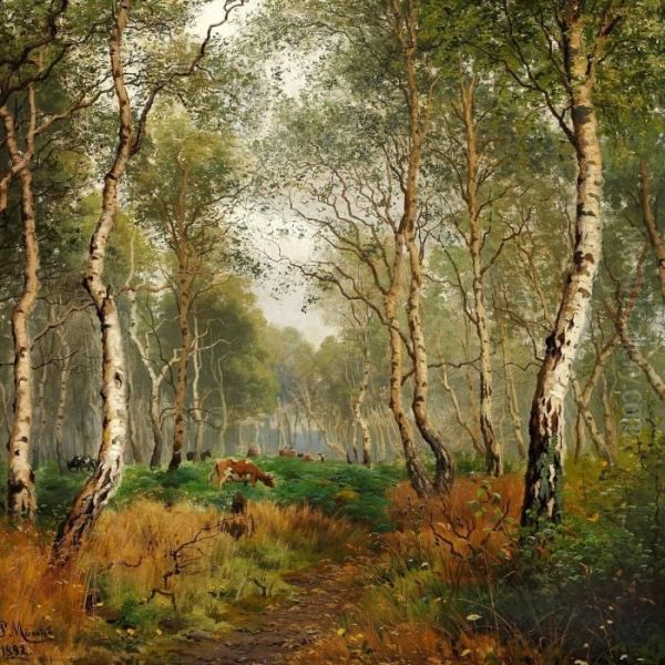 Cows Grazing In A Forest Oil Painting by Peder Mork Monsted