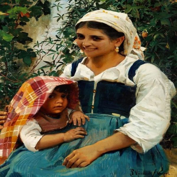 Smiling Italian Girl With A Child Oil Painting by Peder Mork Monsted