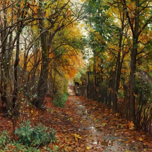 Regnfuld Oktoberdag Oil Painting by Peder Mork Monsted